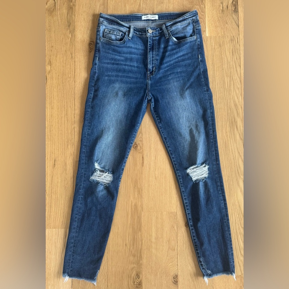 Flying Monkey Jeans Womens 27 Blue Distressed Raw Hem Skinny Stretch Denim